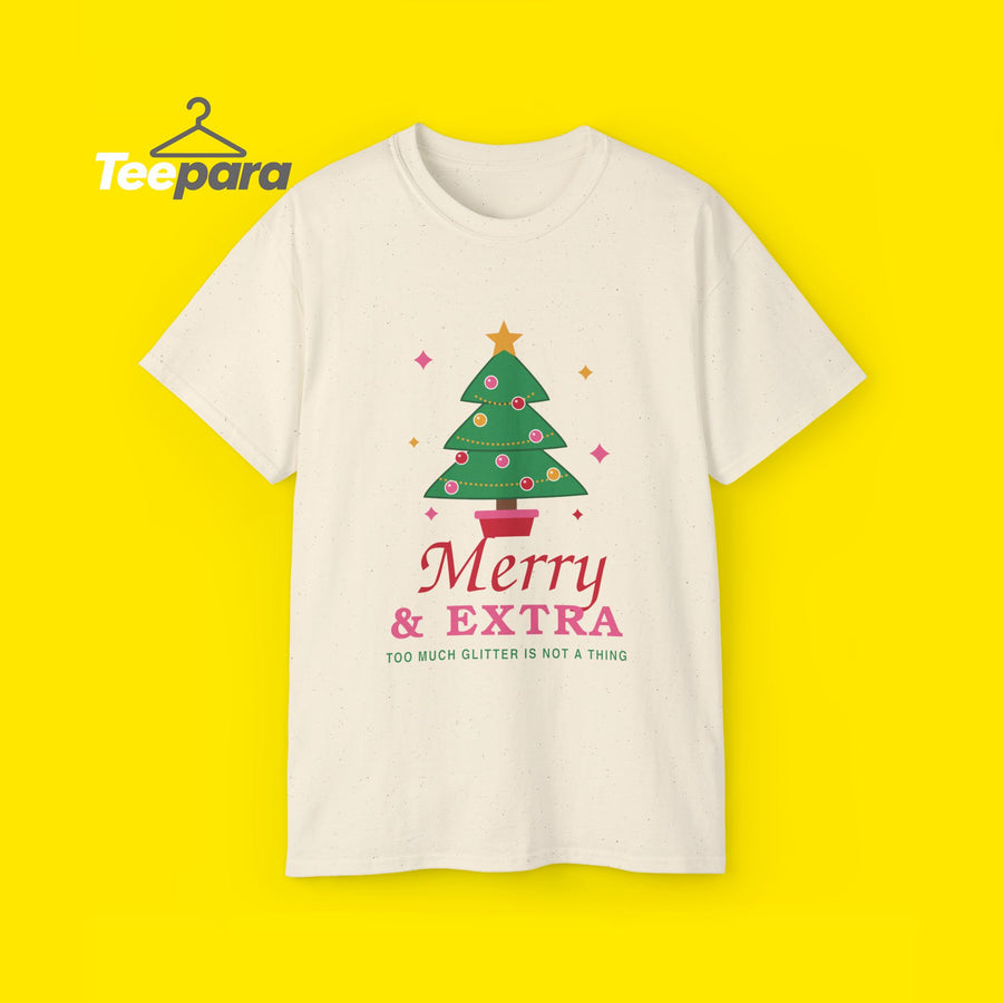 Merry and Extra funny Christmas tree t-shirt, front view on TeePara yellow background