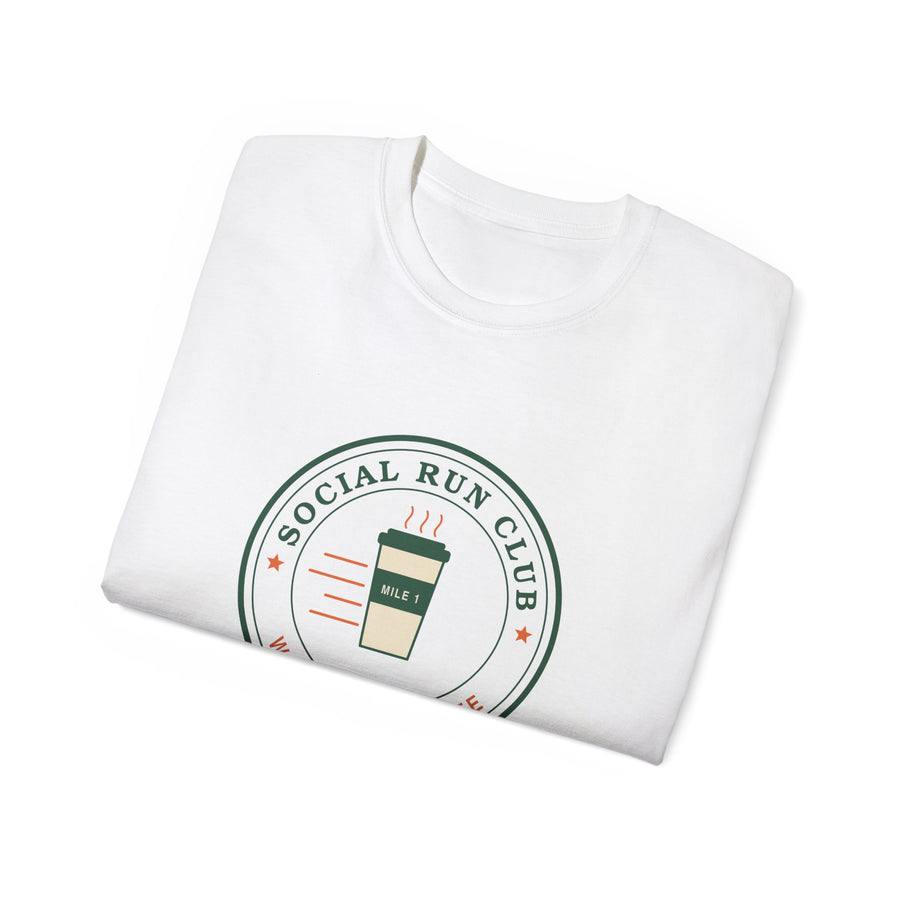 Social Run Club We Run for Coffee graphic t-shirt by TeePara, folded and worn by a model