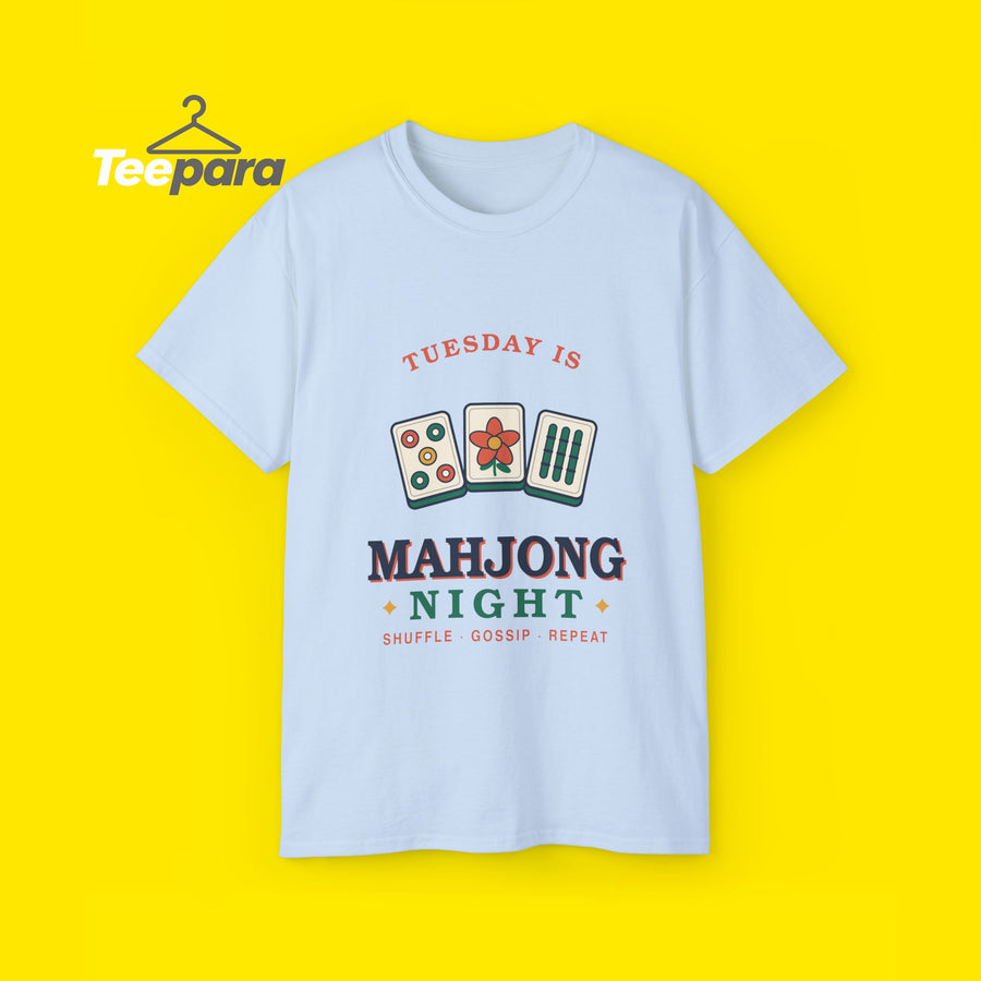 Mahjong Night t-shirt with retro mahjong tiles, front view on TeePara yellow background