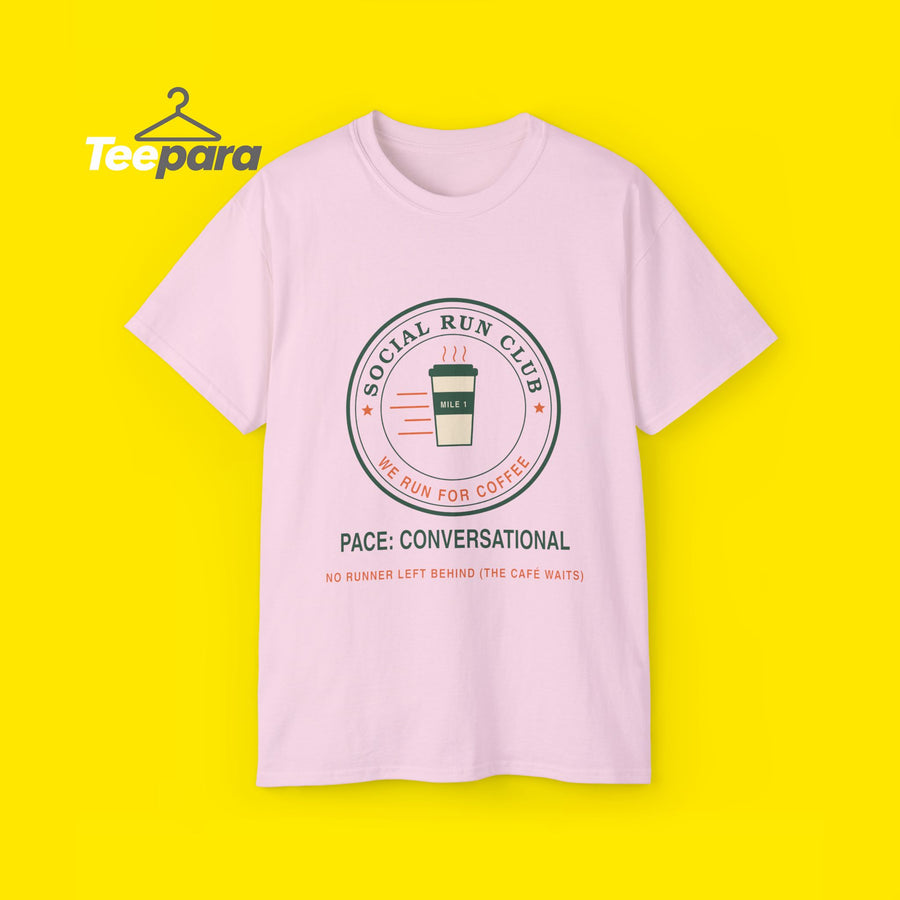 Social Run Club t-shirt with coffee cup badge, front view on TeePara yellow background