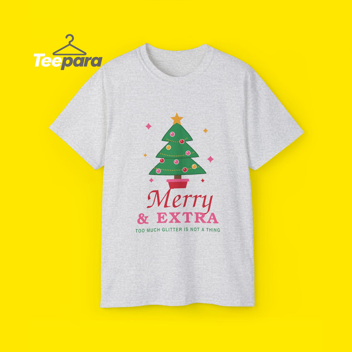 Merry and Extra funny Christmas tree t-shirt, front view on TeePara yellow background