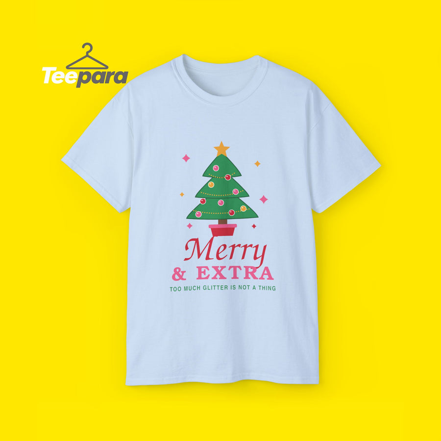 Merry and Extra funny Christmas tree t-shirt, front view on TeePara yellow background