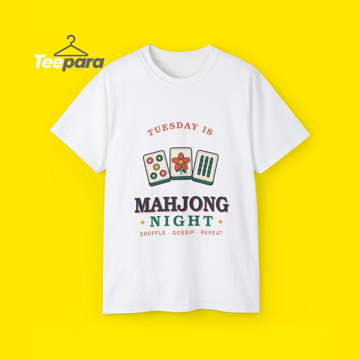 Mahjong Night t-shirt with retro mahjong tiles, front view on TeePara yellow background