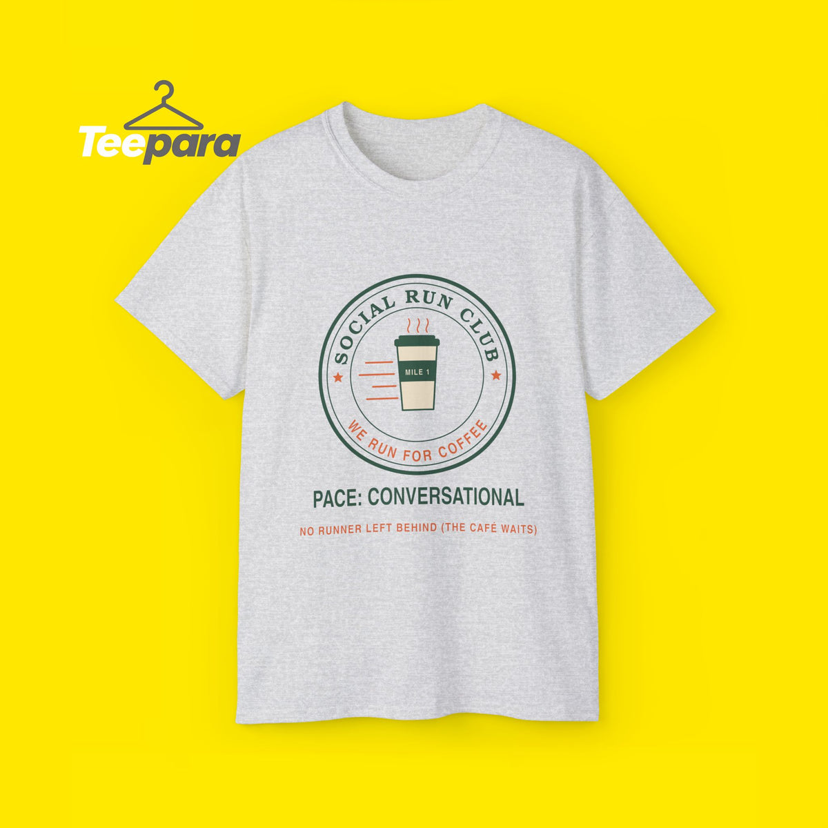 Social Run Club t-shirt with coffee cup badge, front view on TeePara yellow background