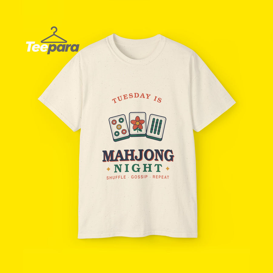 Mahjong Night t-shirt with retro mahjong tiles, front view on TeePara yellow background