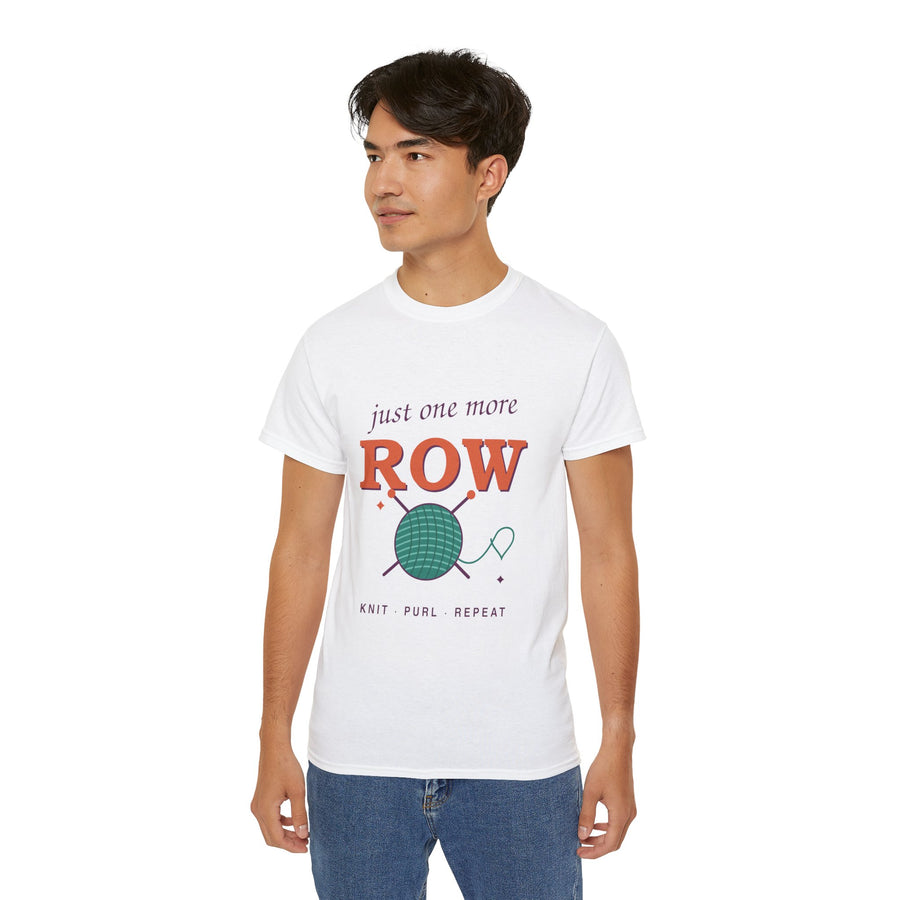Just One More Row knitting and crochet graphic t-shirt by TeePara, folded and worn by a model