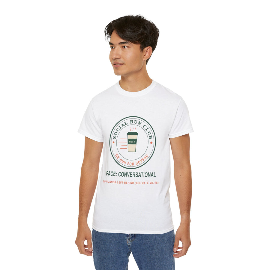 Social Run Club We Run for Coffee graphic t-shirt by TeePara, folded and worn by a model
