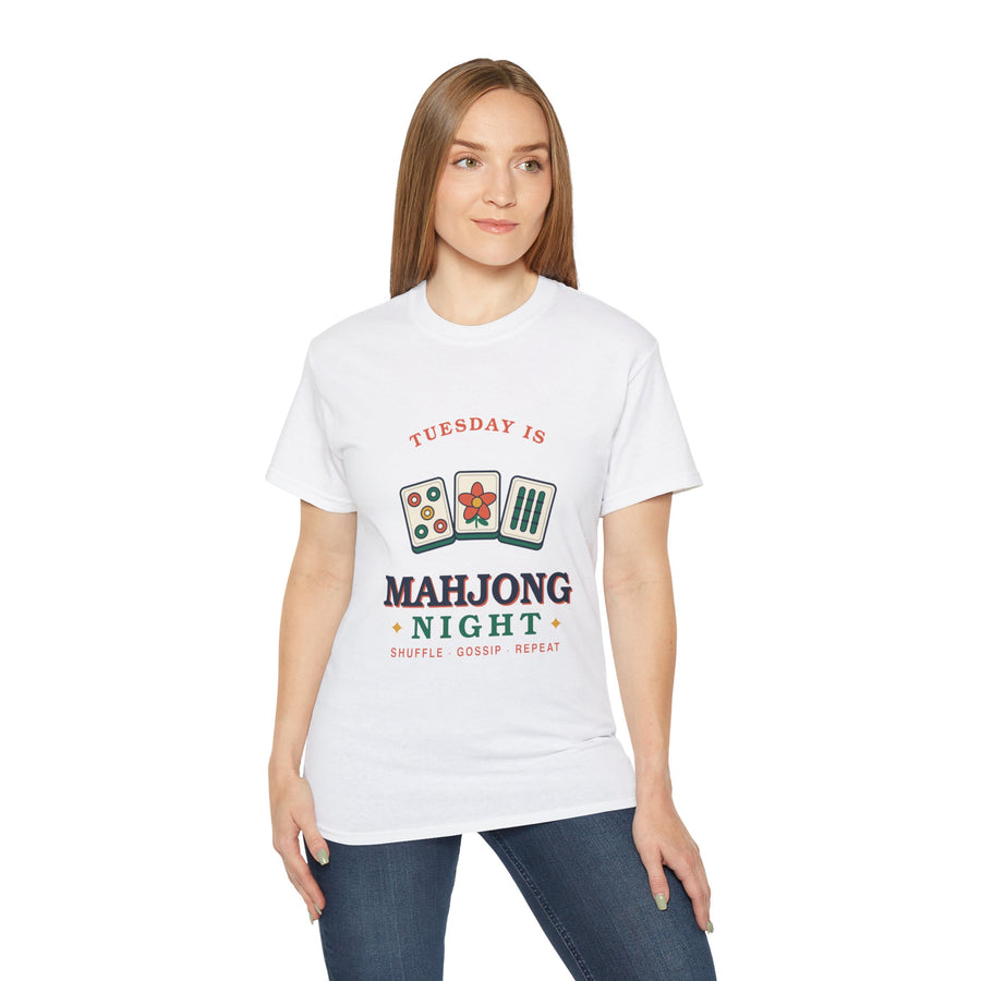 Mahjong Night retro graphic t-shirt by TeePara, folded and worn by a model