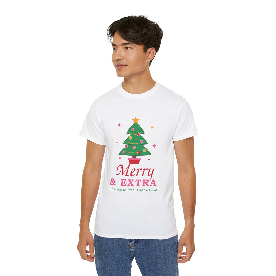 Merry and Extra whimsical Christmas graphic t-shirt by TeePara, folded and worn by a model