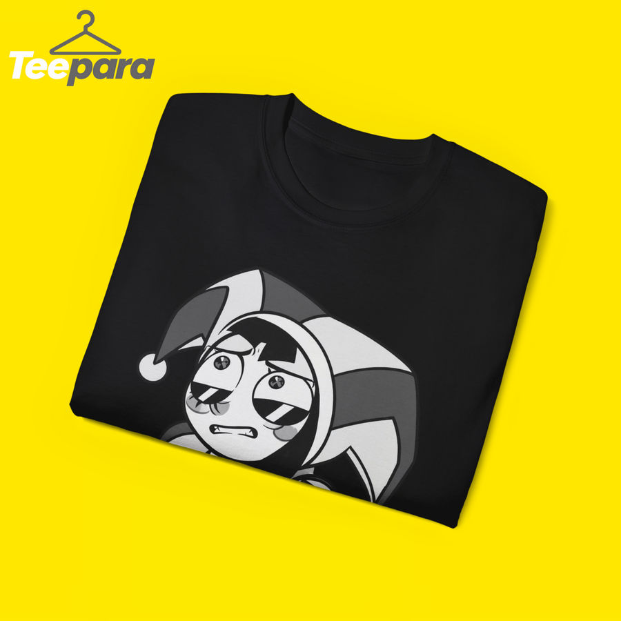 The Amazing Digital Circus Pomni Grid Symbols Shirt - Black t-shirt folded, close-up of the Pomni print