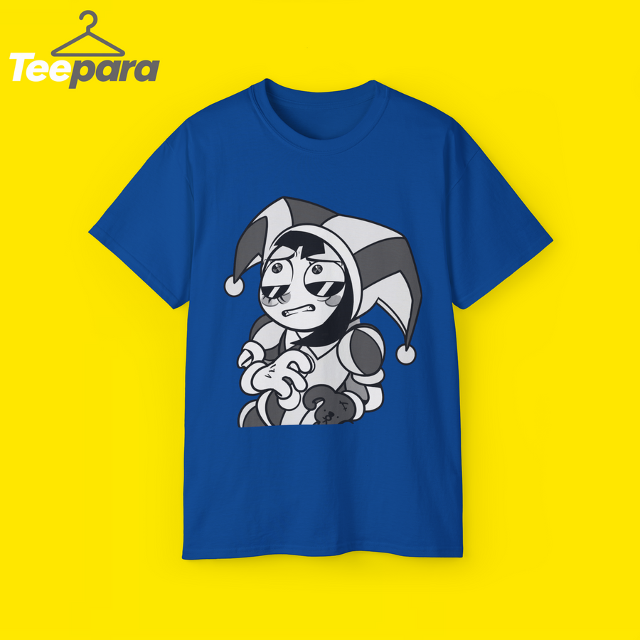 The Amazing Digital Circus Pomni Grid Symbols Shirt - Blue unisex t-shirt with Pomni jester graphic, front view