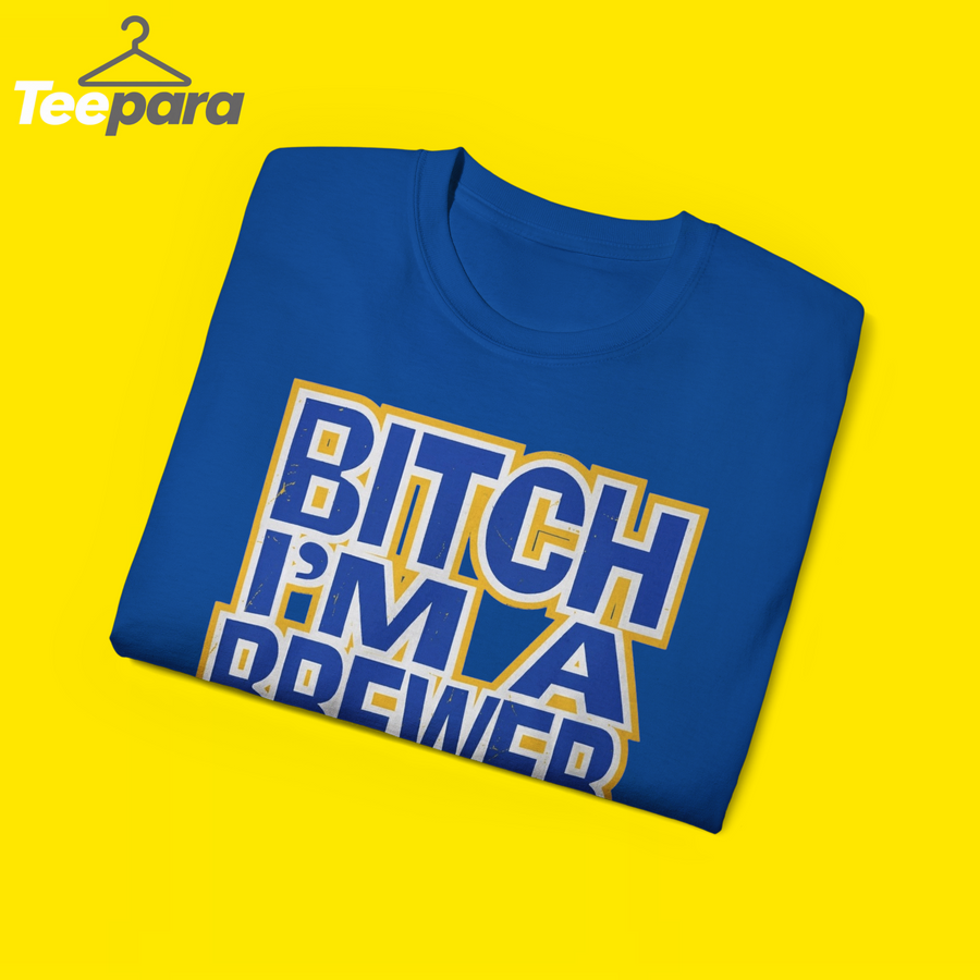 Bitch I'm a Brewer Shirt - Blue t-shirt folded, close-up of the Bitch I'm a Brewer print