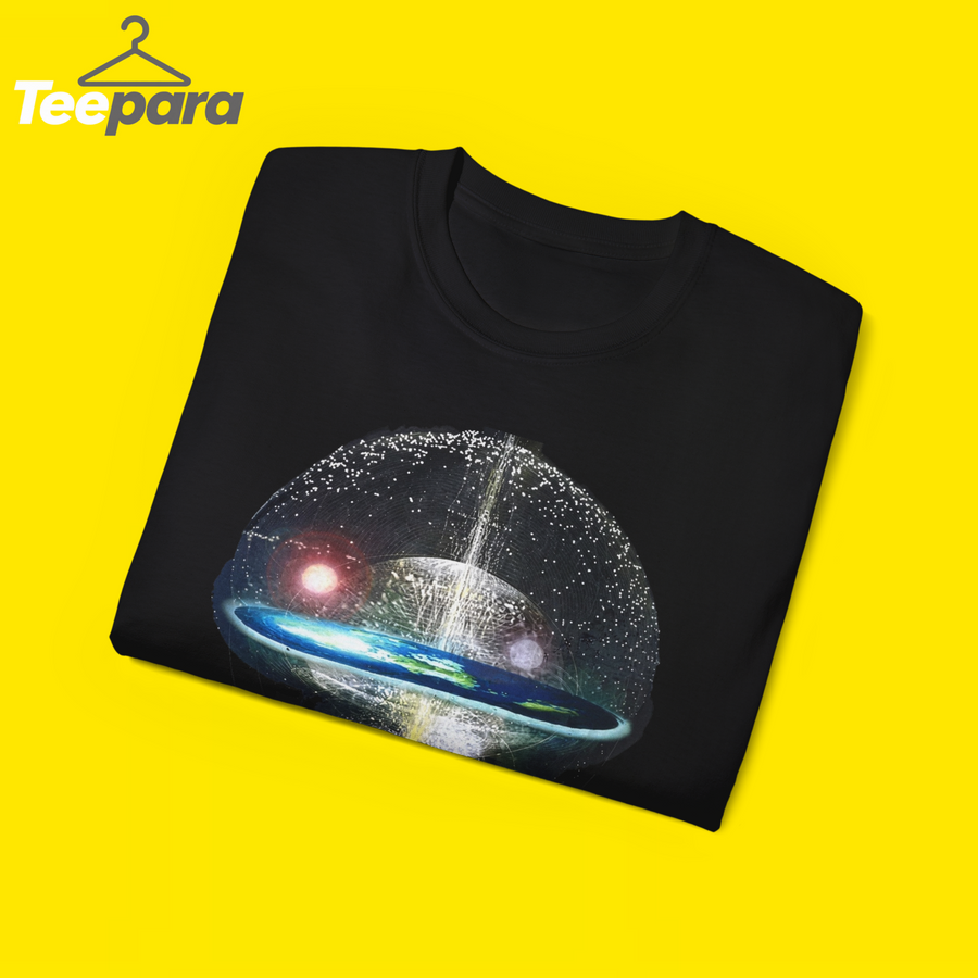 Folded black Flat Earth Firmament Dome Shirt, close-up of the flat earth dome print