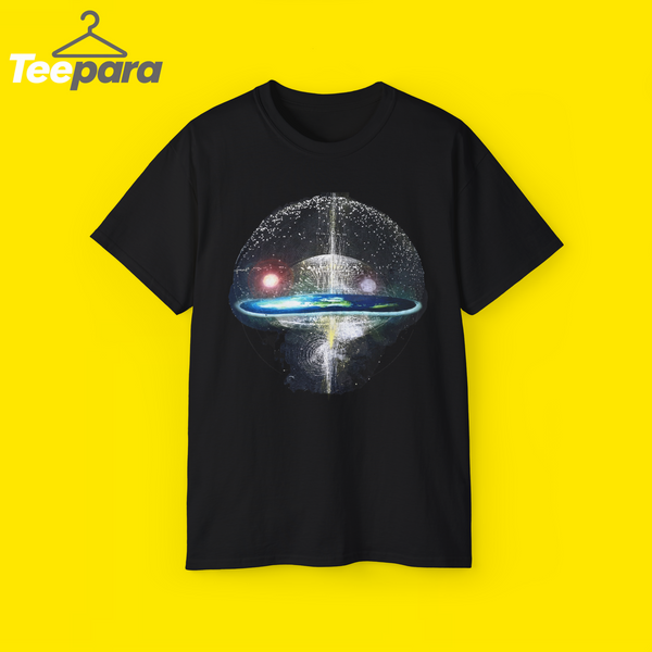 Black Flat Earth Firmament Dome Shirt, front view: flat earth map under a starry glass dome with sun and moon