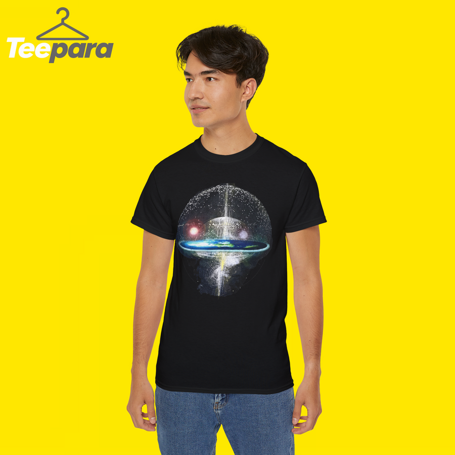 Man wearing the black Flat Earth Firmament Dome Shirt