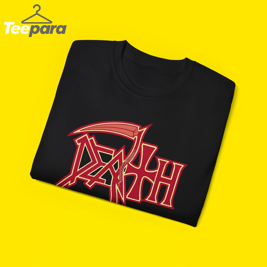 Trump Rally Tom Death Shirt - Black t-shirt folded, close-up of the red Death logo print