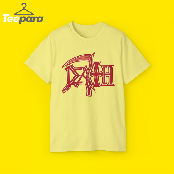 Trump Rally Tom Death Shirt - Yellow unisex t-shirt with red Death logo graphic, front view