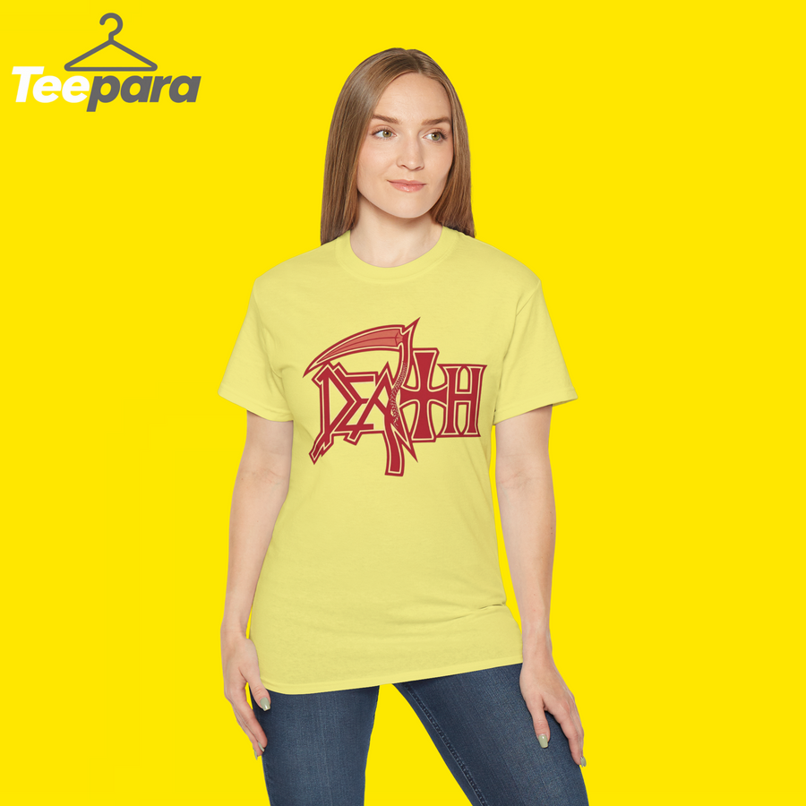 Woman wearing the yellow Trump Rally Tom Death Shirt