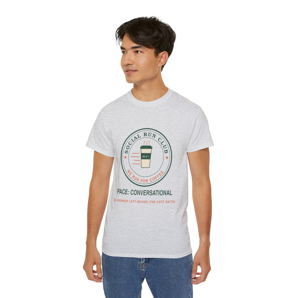 Social Run Club We Run for Coffee graphic t-shirt by TeePara, folded and worn by a model