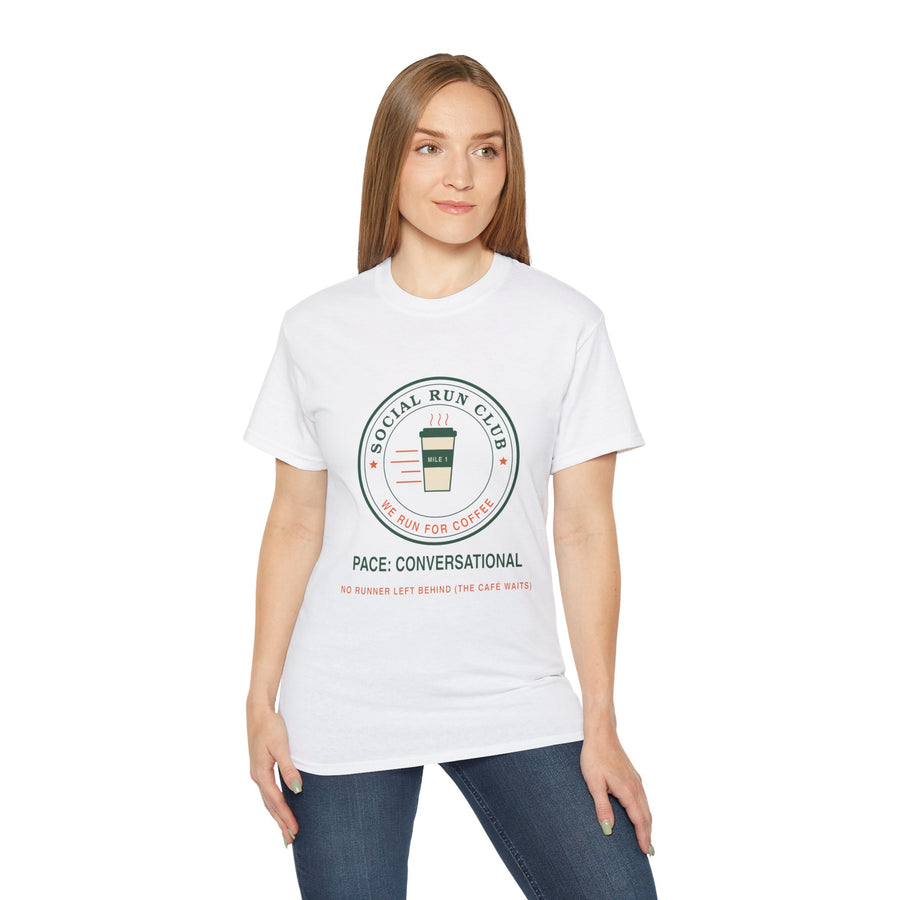 Social Run Club We Run for Coffee graphic t-shirt by TeePara, folded and worn by a model
