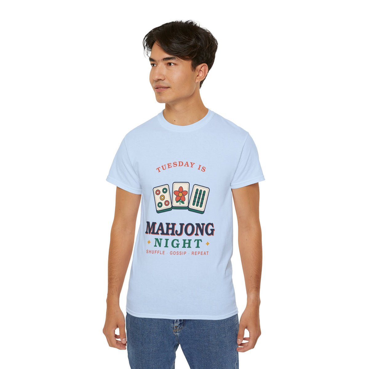 Mahjong Night retro graphic t-shirt by TeePara, folded and worn by a model
