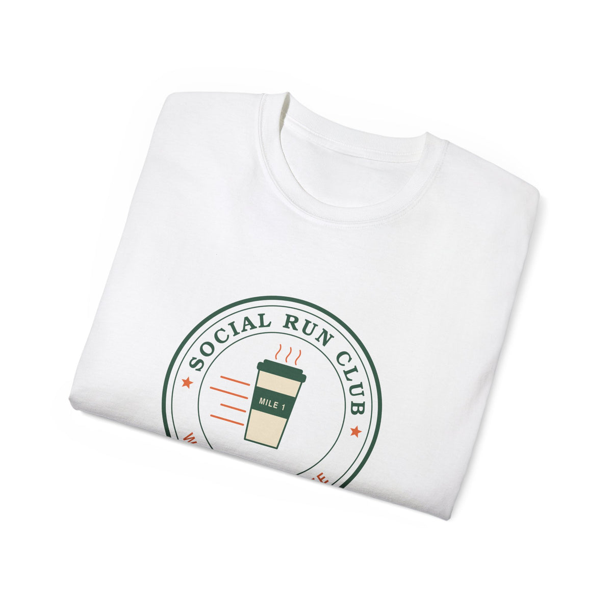 Social Run Club We Run for Coffee graphic t-shirt by TeePara, folded and worn by a model
