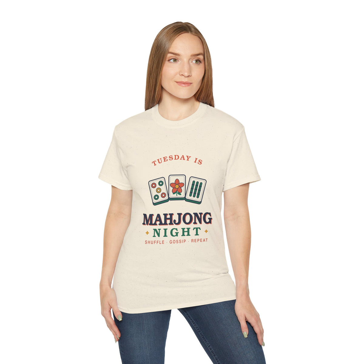 Mahjong Night retro graphic t-shirt by TeePara, folded and worn by a model