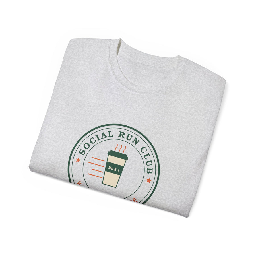 Social Run Club We Run for Coffee graphic t-shirt by TeePara, folded and worn by a model