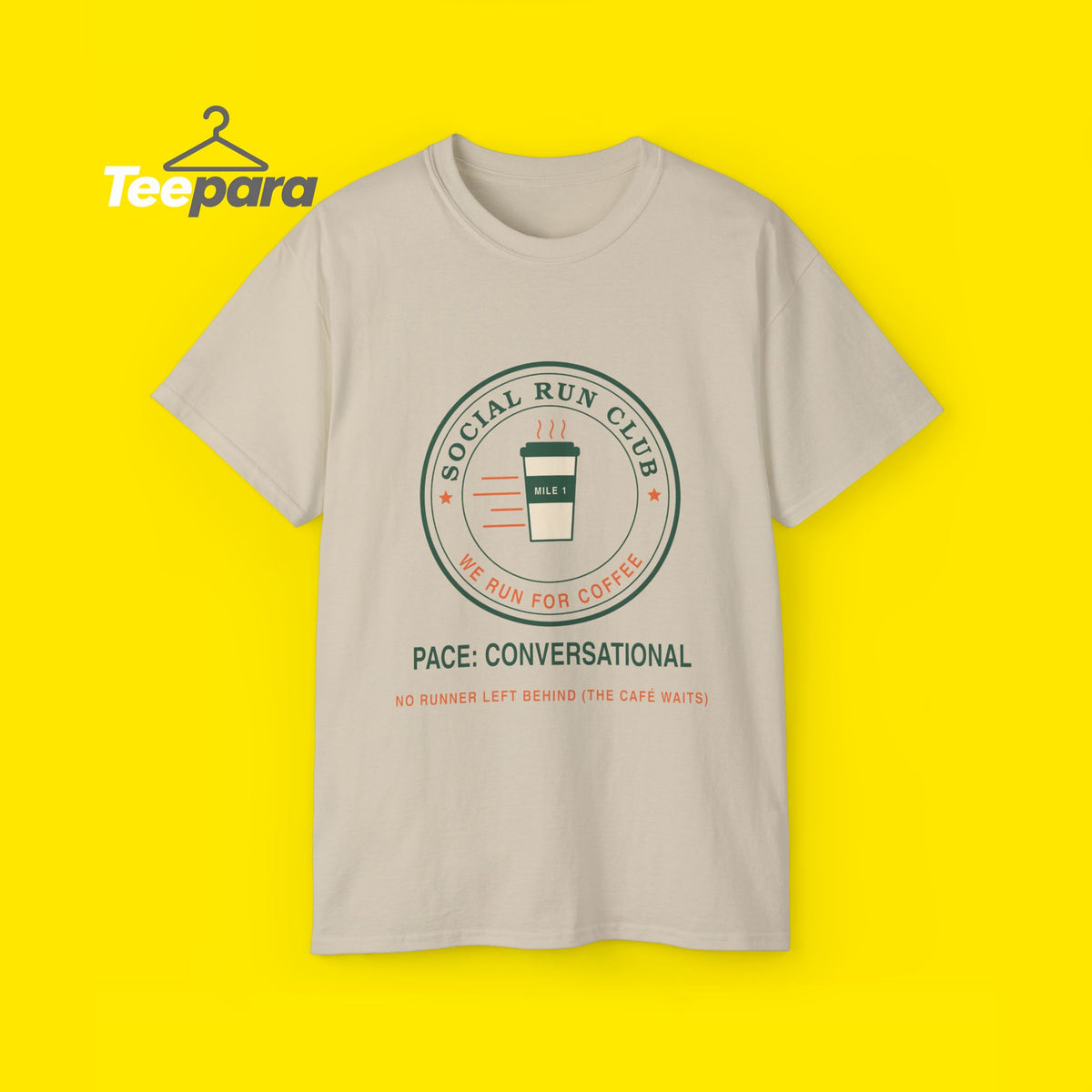 Social Run Club t-shirt with coffee cup badge, front view on TeePara yellow background