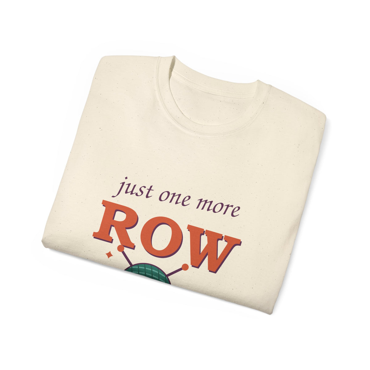 Just One More Row knitting and crochet graphic t-shirt by TeePara, folded and worn by a model