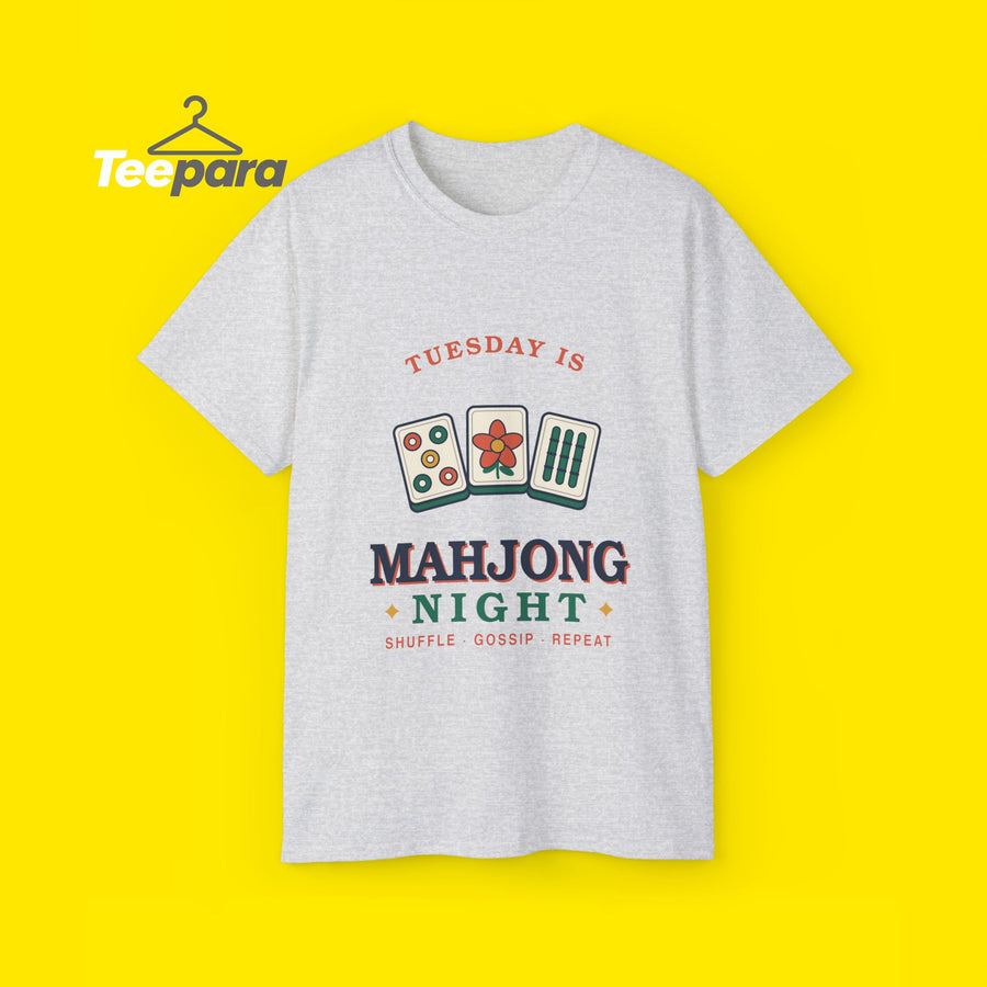 Mahjong Night t-shirt with retro mahjong tiles, front view on TeePara yellow background