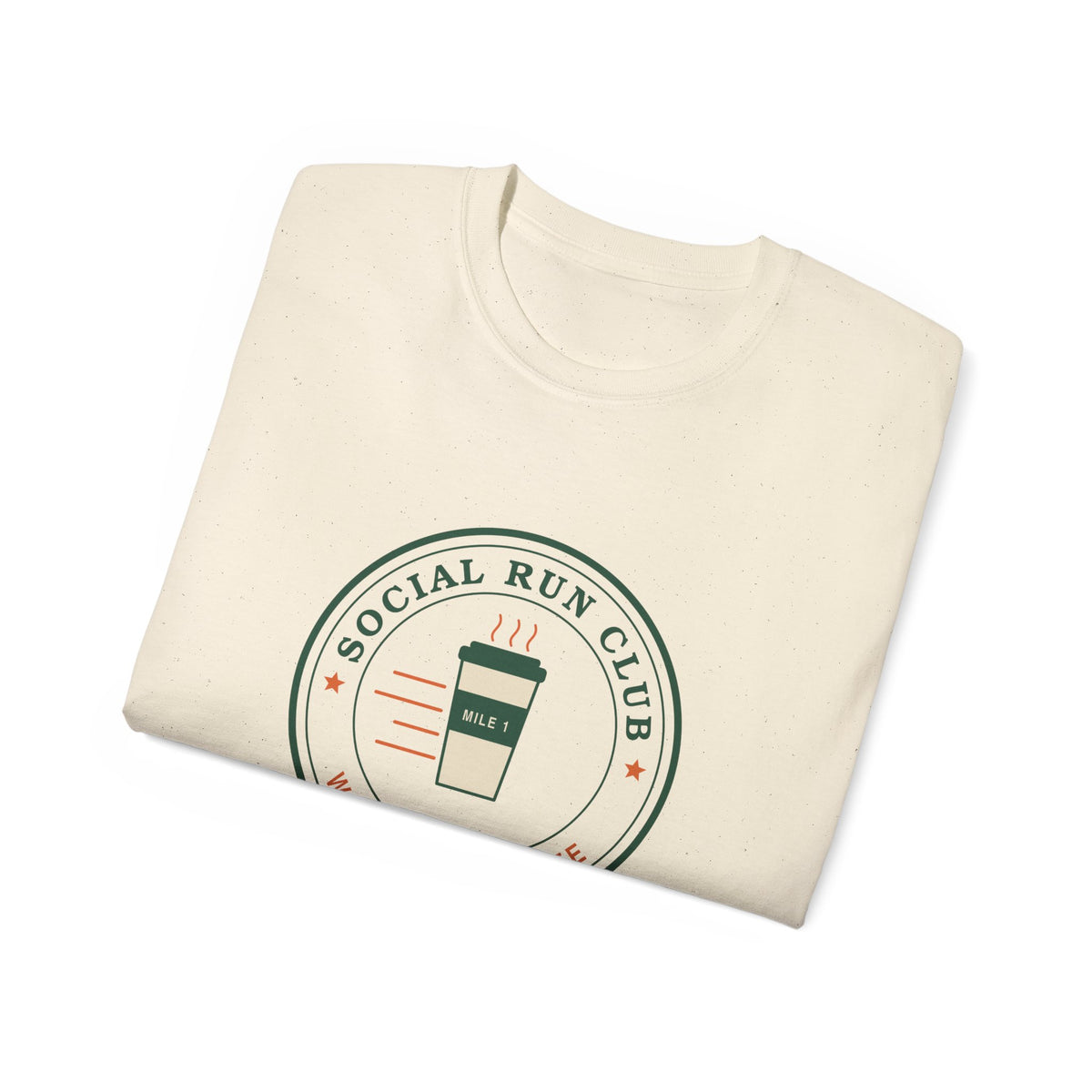 Social Run Club We Run for Coffee graphic t-shirt by TeePara, folded and worn by a model
