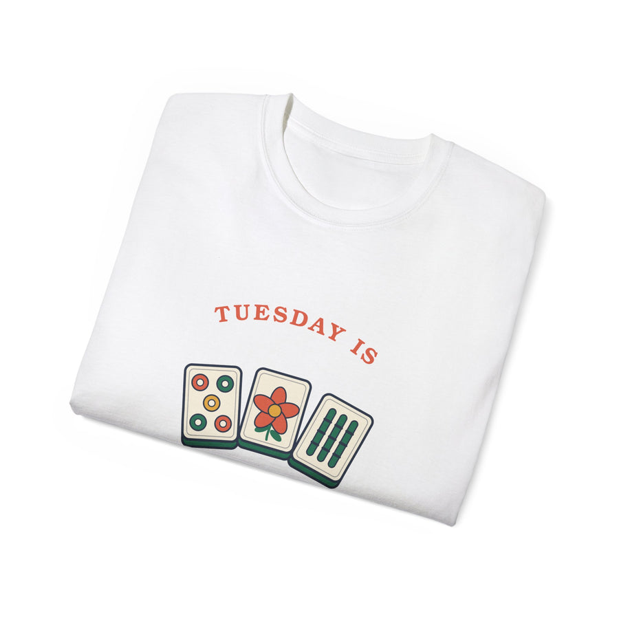 Mahjong Night retro graphic t-shirt by TeePara, folded and worn by a model