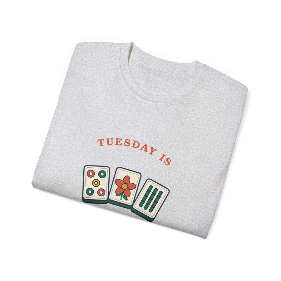 Mahjong Night retro graphic t-shirt by TeePara, folded and worn by a model