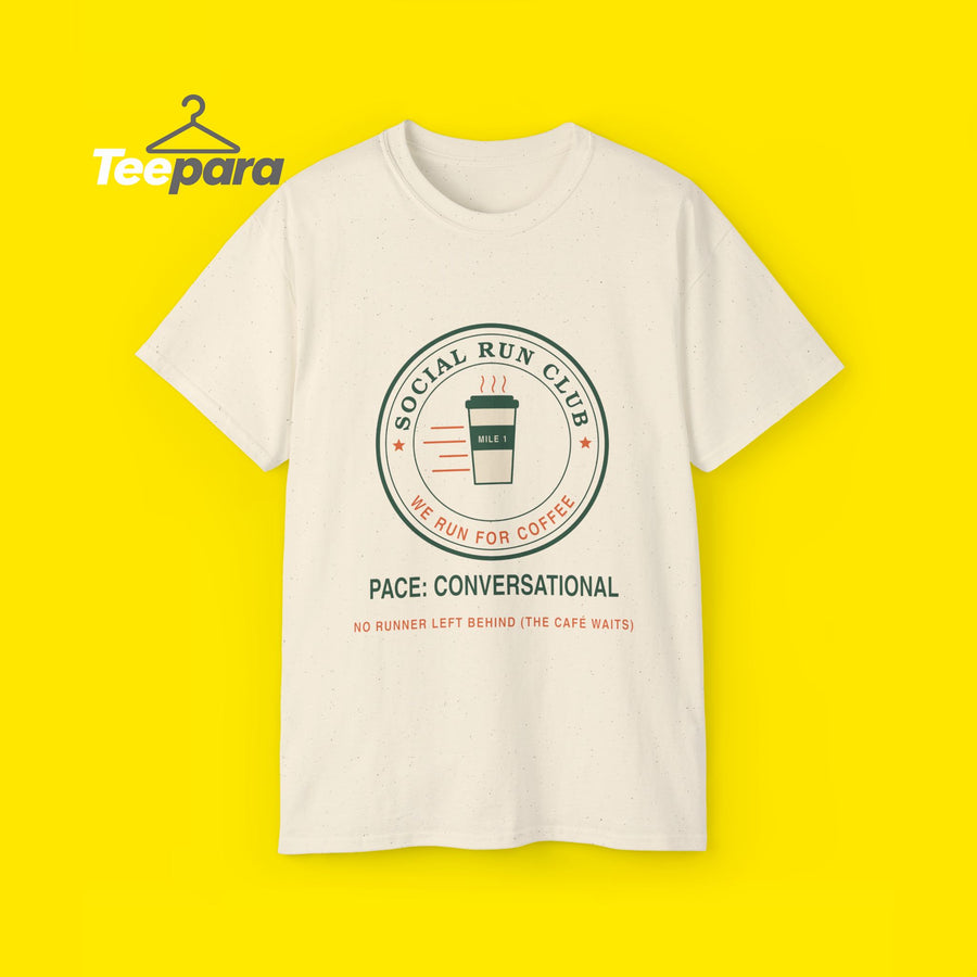 Social Run Club t-shirt with coffee cup badge, front view on TeePara yellow background
