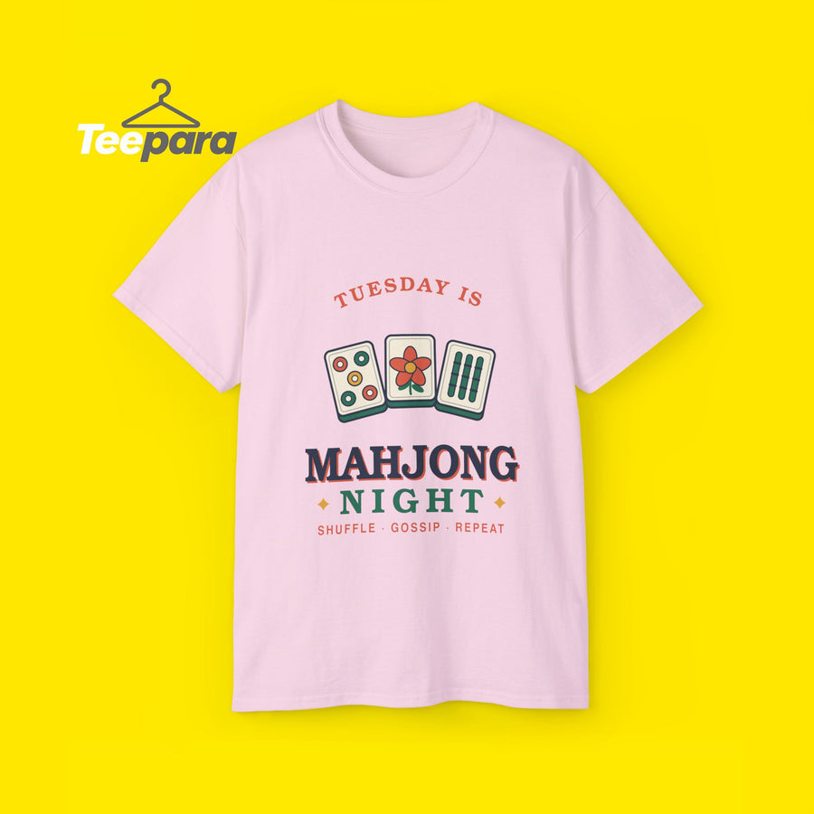 Mahjong Night t-shirt with retro mahjong tiles, front view on TeePara yellow background
