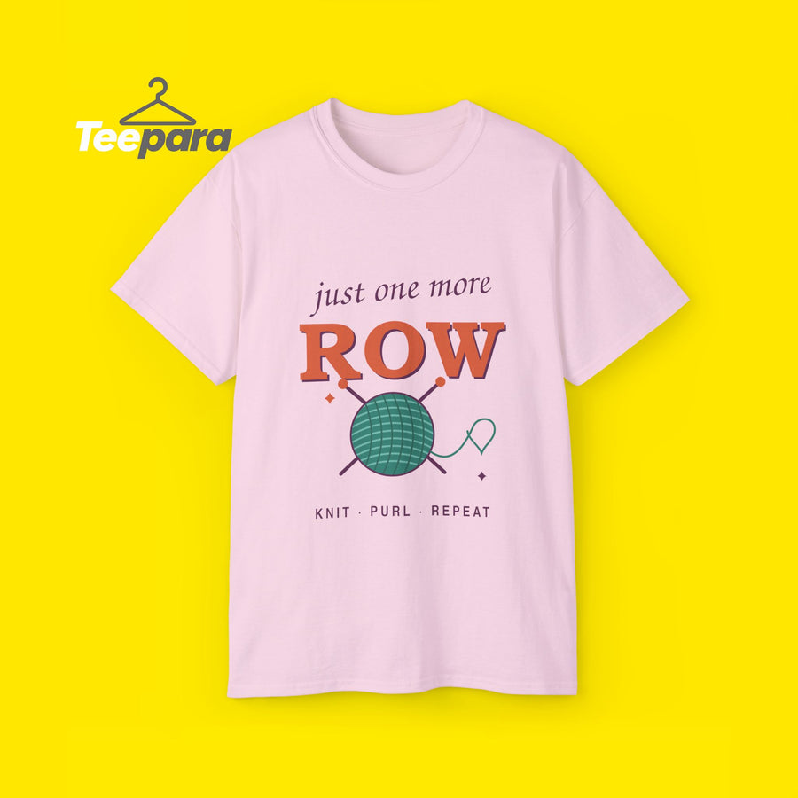 Just One More Row knitting t-shirt with yarn ball and needles, front view on TeePara yellow background