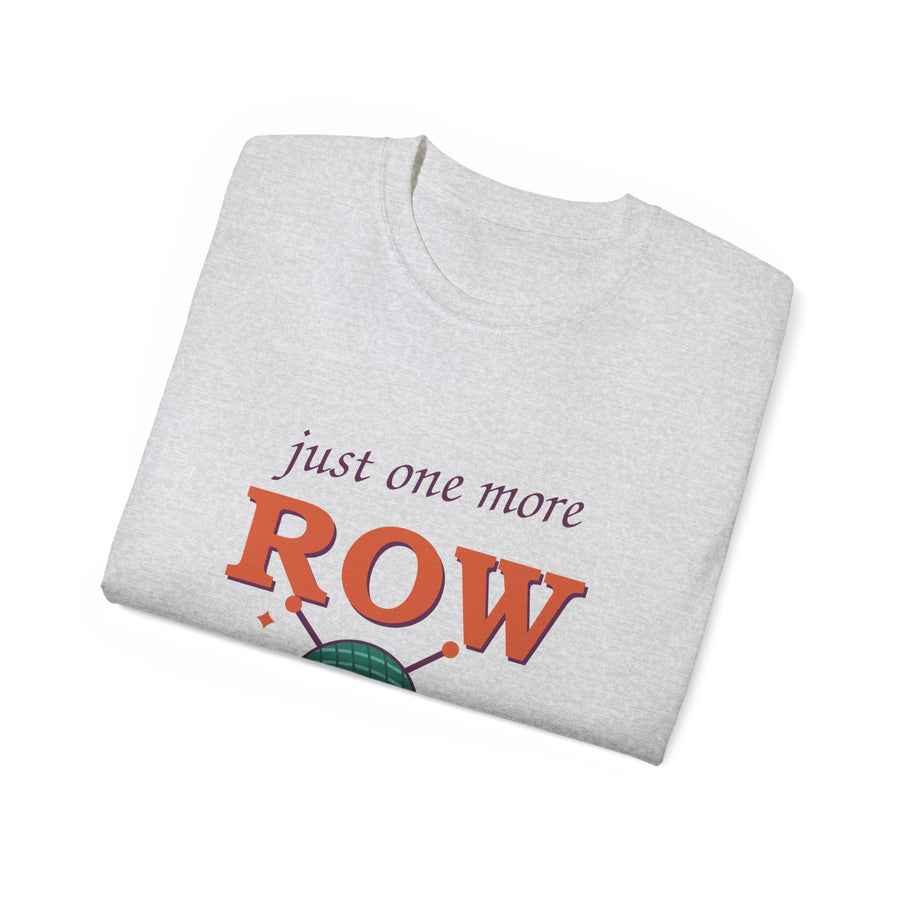 Just One More Row knitting and crochet graphic t-shirt by TeePara, folded and worn by a model