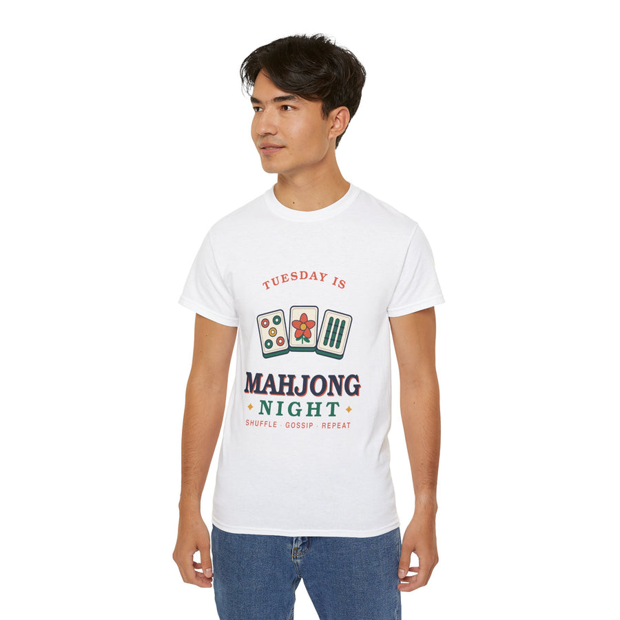 Mahjong Night retro graphic t-shirt by TeePara, folded and worn by a model