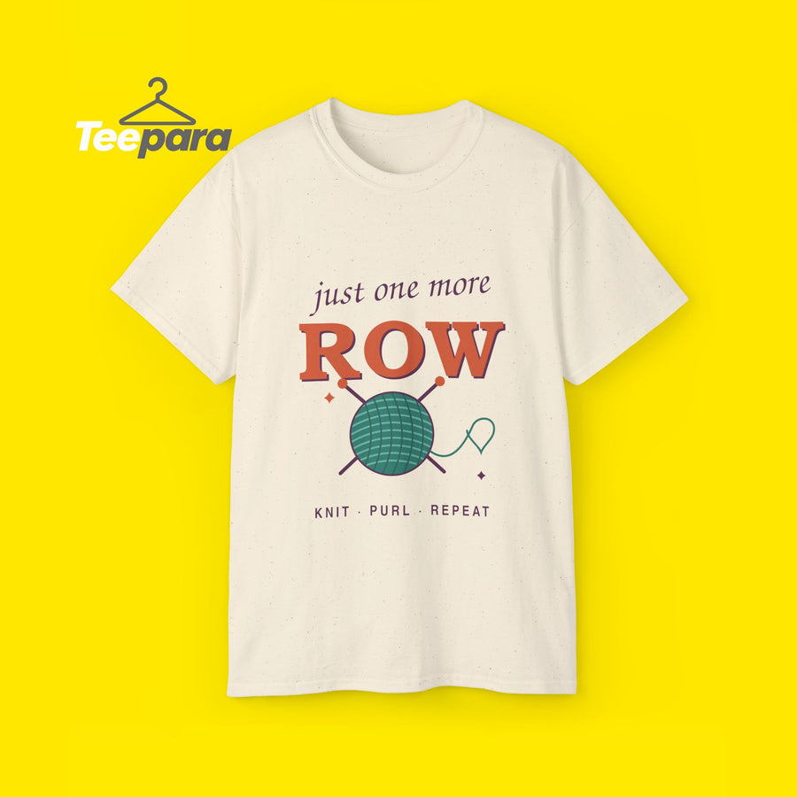 Just One More Row knitting t-shirt with yarn ball and needles, front view on TeePara yellow background