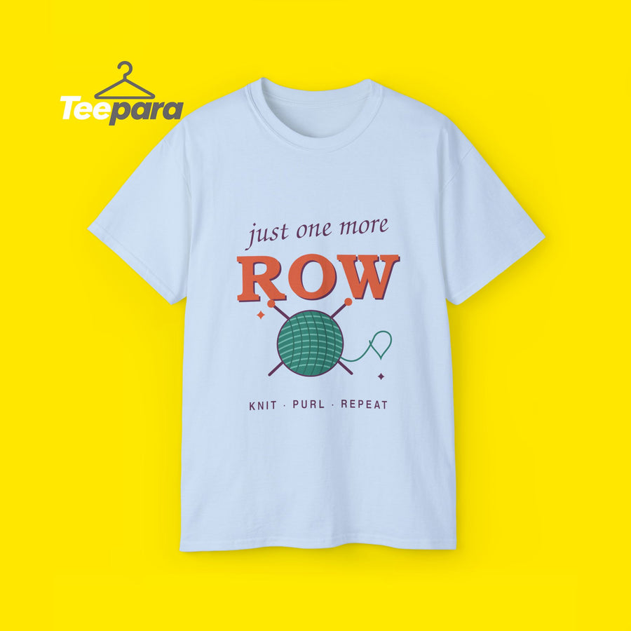 Just One More Row knitting t-shirt with yarn ball and needles, front view on TeePara yellow background