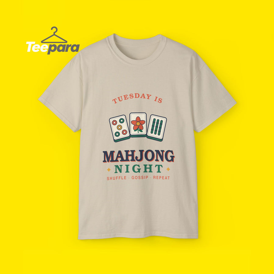 Mahjong Night t-shirt with retro mahjong tiles, front view on TeePara yellow background