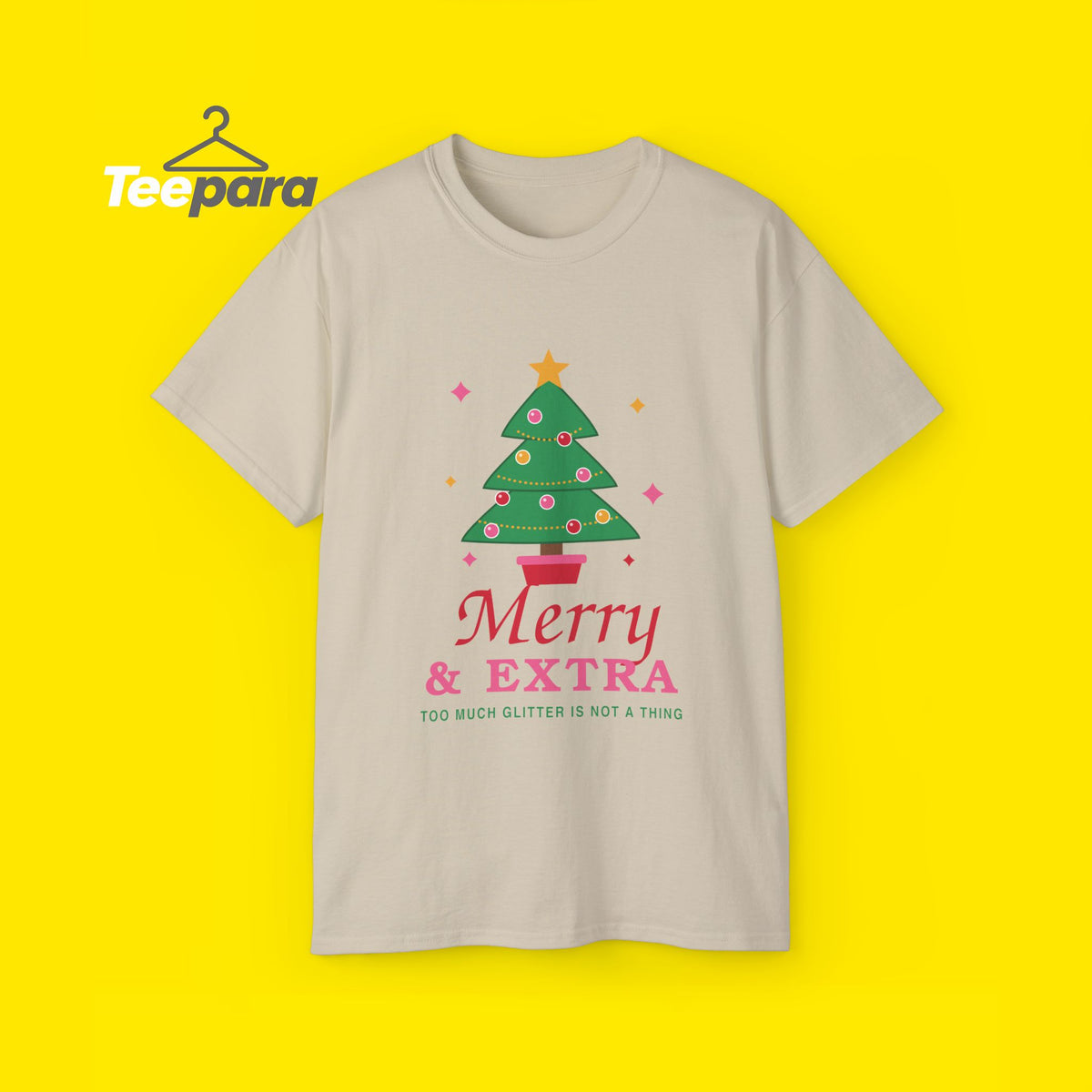 Merry and Extra funny Christmas tree t-shirt, front view on TeePara yellow background
