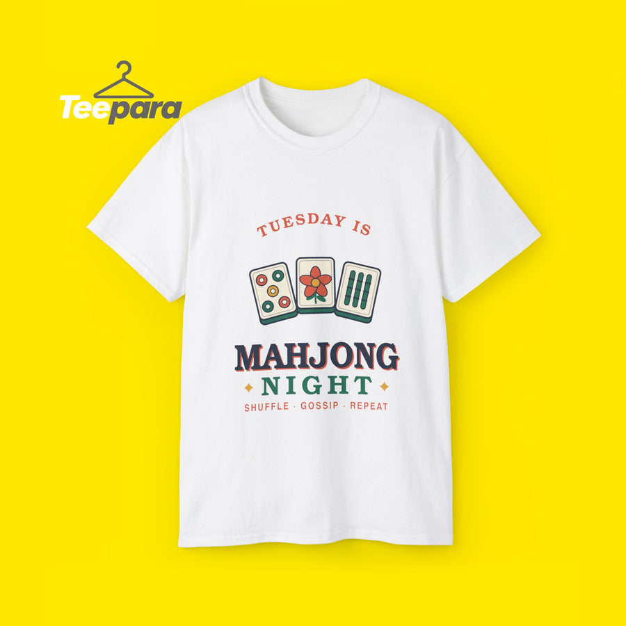 Mahjong Night t-shirt with retro mahjong tiles, front view on TeePara yellow background
