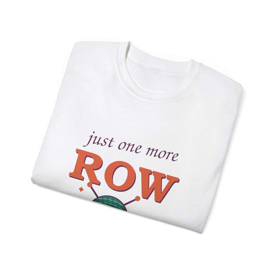Just One More Row knitting and crochet graphic t-shirt by TeePara, folded and worn by a model