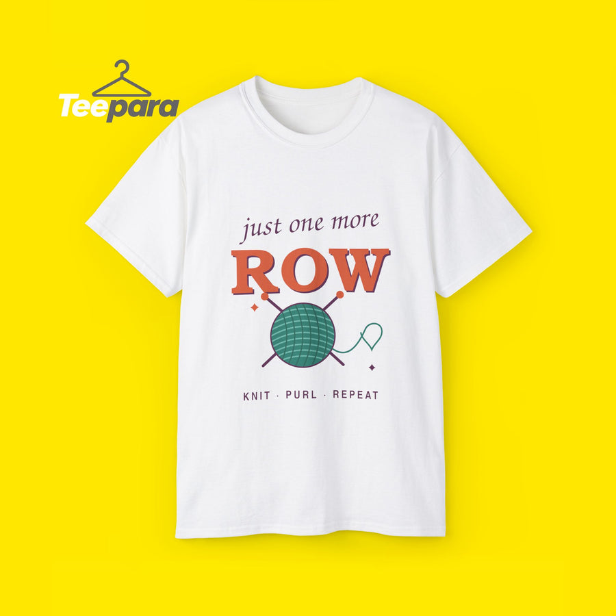 Just One More Row knitting t-shirt with yarn ball and needles, front view on TeePara yellow background
