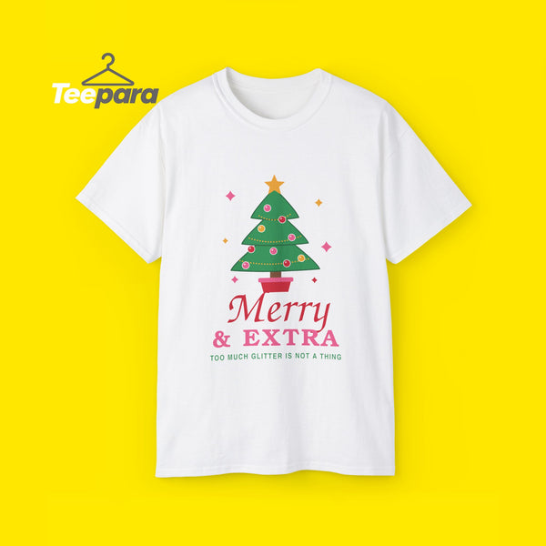 Merry and Extra funny Christmas tree t-shirt, front view on TeePara yellow background