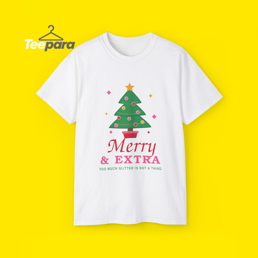 Merry and Extra funny Christmas tree t-shirt, front view on TeePara yellow background