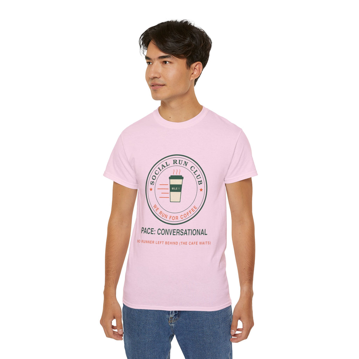 Social Run Club We Run for Coffee graphic t-shirt by TeePara, folded and worn by a model