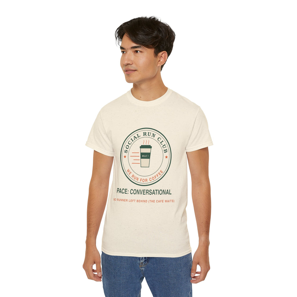 Social Run Club We Run for Coffee graphic t-shirt by TeePara, folded and worn by a model